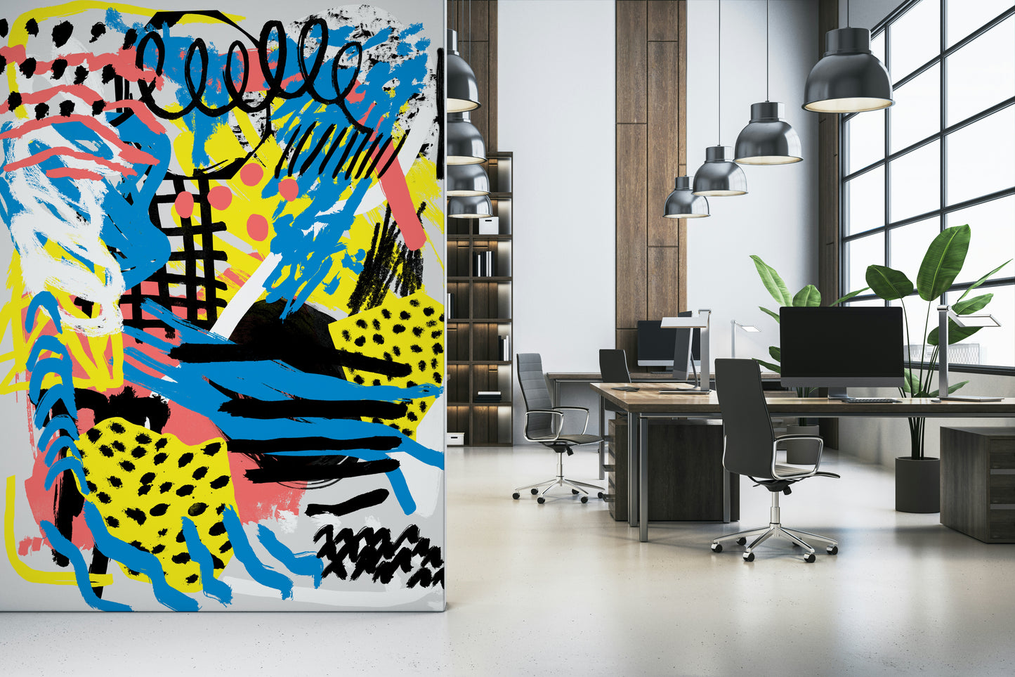 An artistic minimalist form mural for home decor.