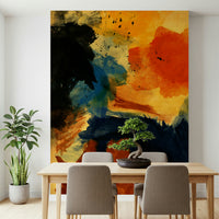 A peaceful modern abstract mural on decorative wallpaper.
