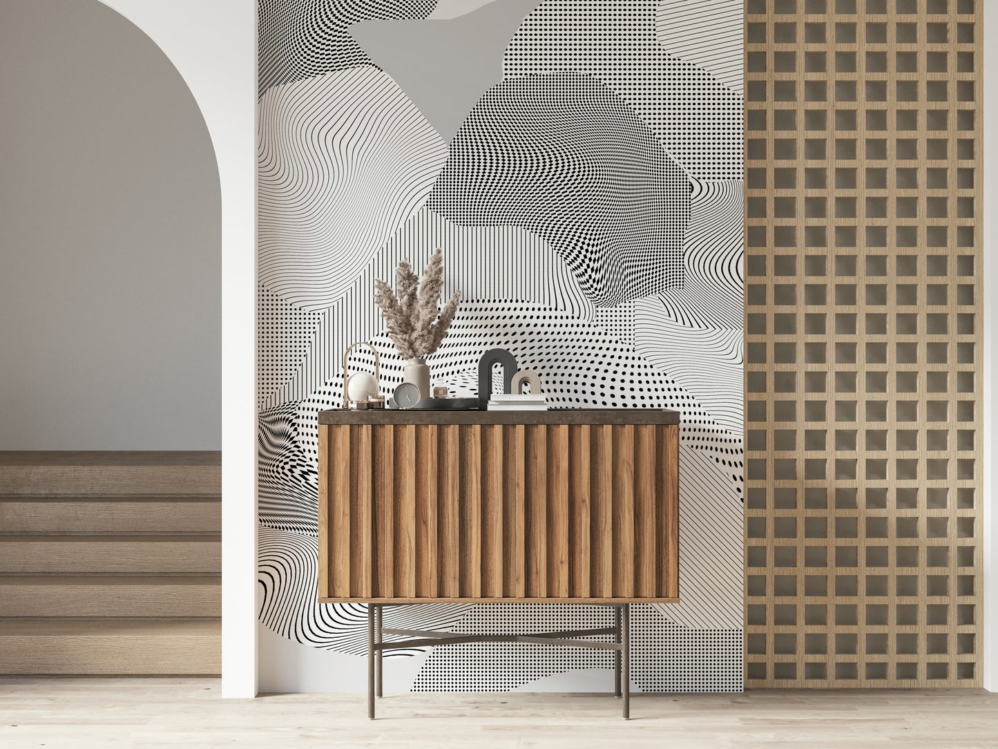 A calming abstract design wallpaper mural that defines a space.