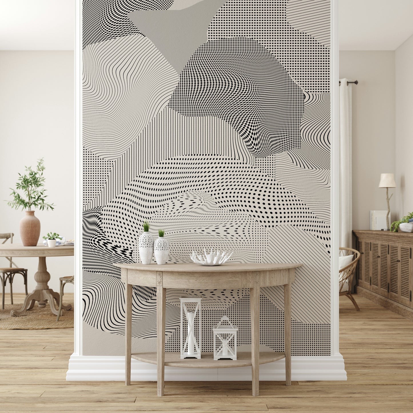 An artistic minimalist form mural for home decor.