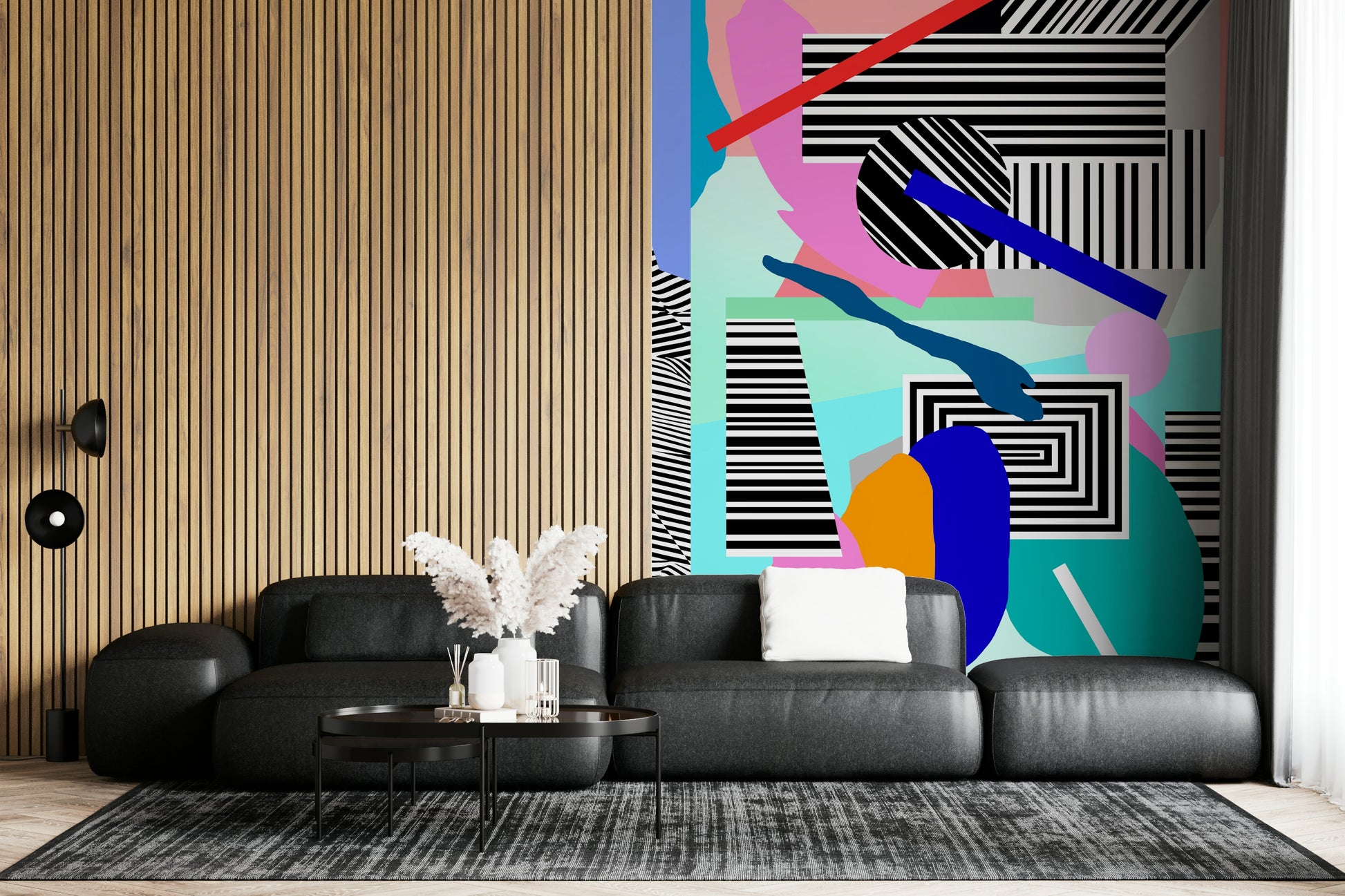 An artistic vibrant pattern mural on minimalist wallpaper.

