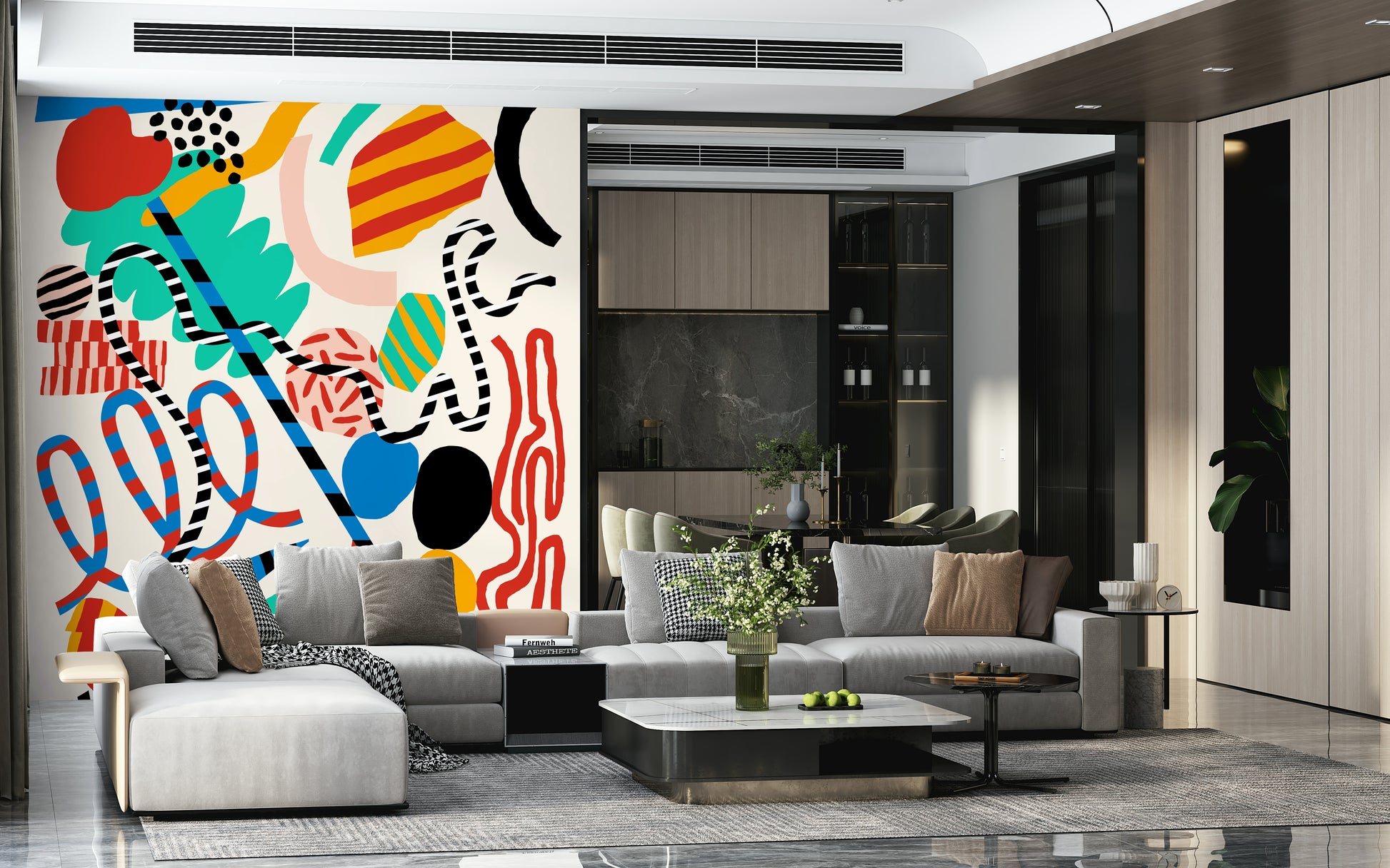A graceful modern abstract wall mural in cool, natural tones.

