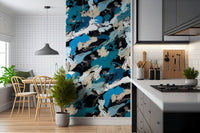 A beautiful abstract art wallpaper mural in green and blue.

