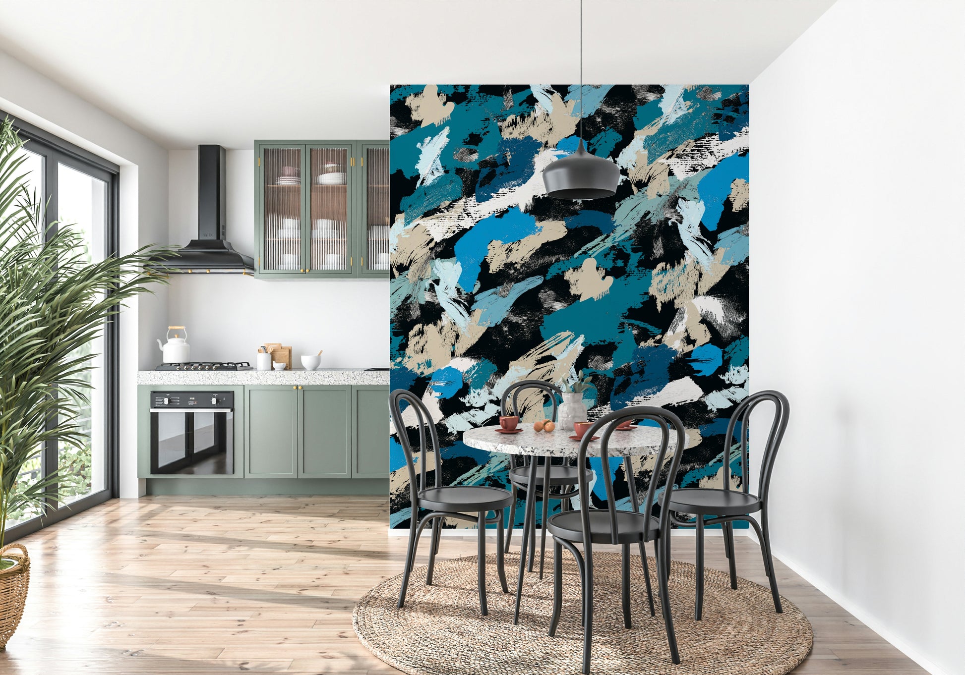 A peaceful abstract design mural on decorative wallpaper.

