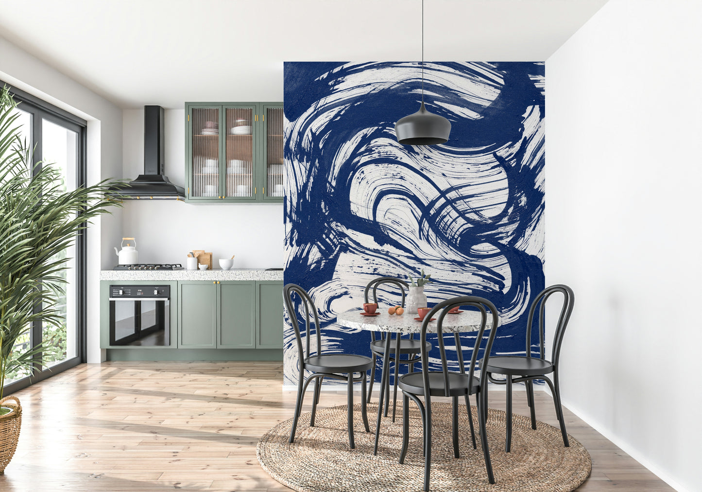 A calming water movement wallpaper mural that defines a space.

