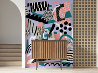 A beautiful abstract purple wallpaper mural with floating shapes.

