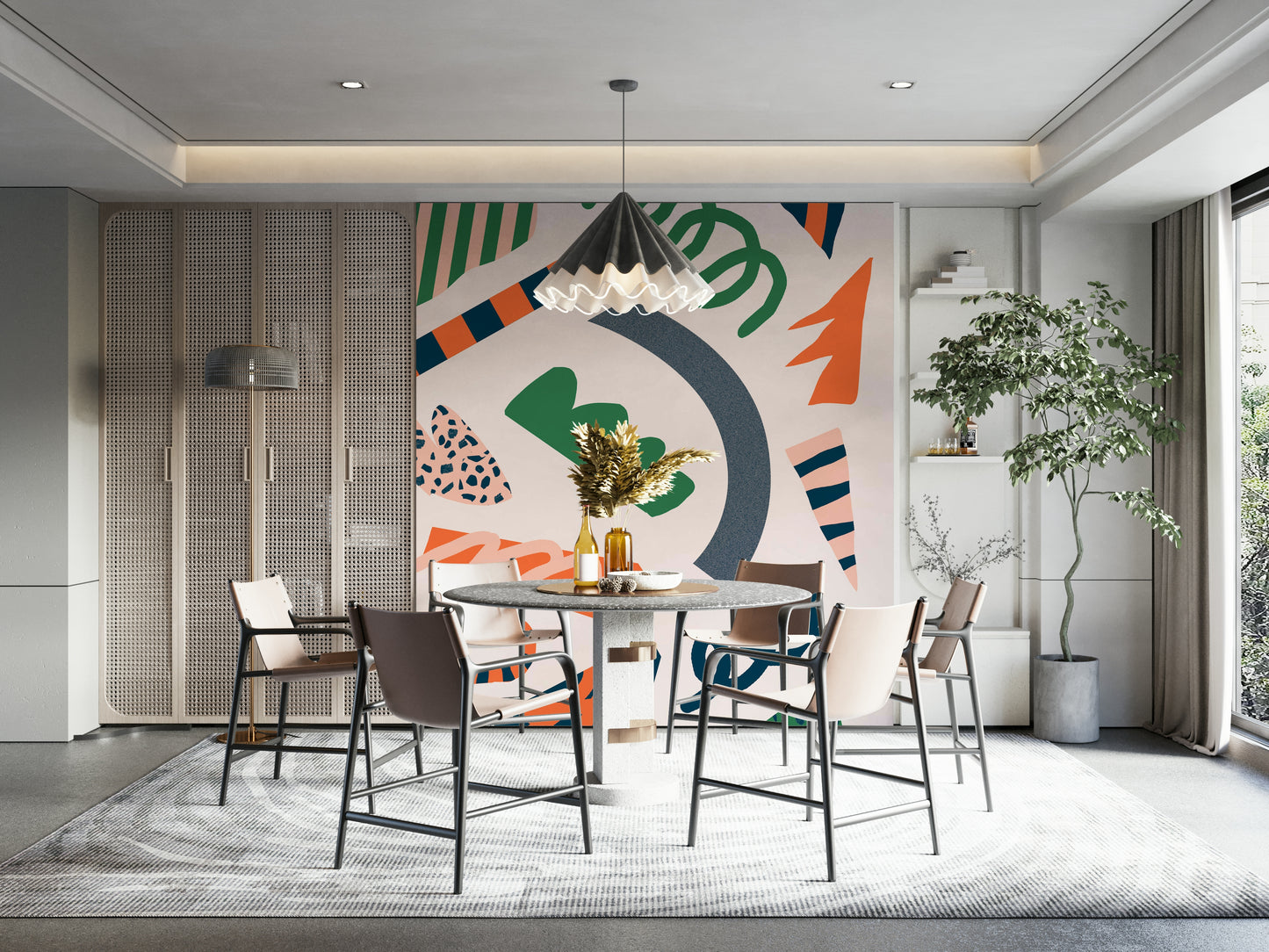 An artistic abstract shape mural on minimalist wallpaper.

