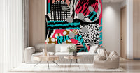 A peaceful geometric abstract mural on decorative wallpaper.

