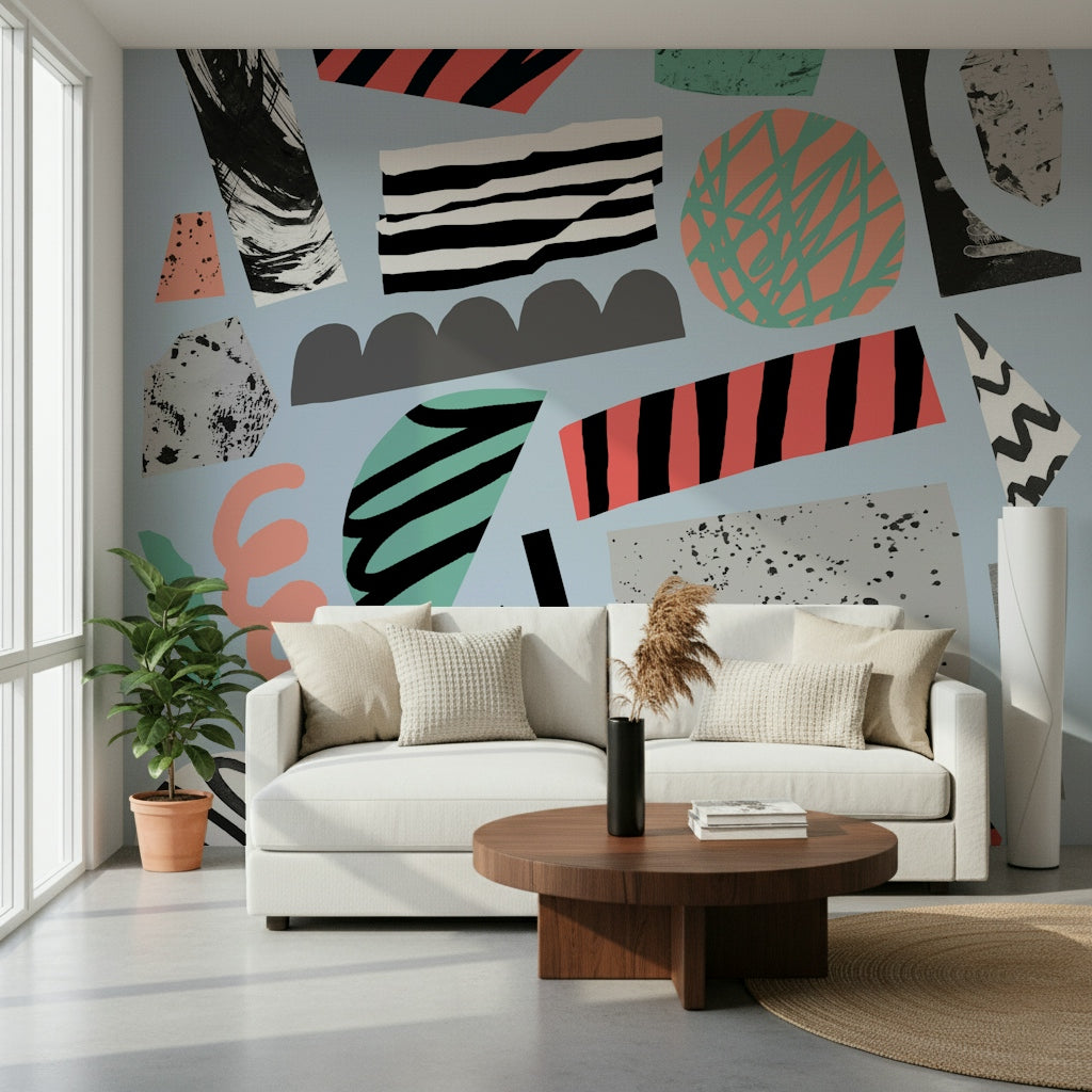 A peaceful woodland scene mural on decorative wallpaper.

