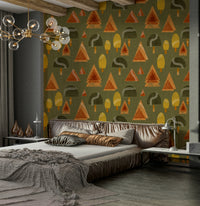 A peaceful retro geometric mural on decorative wallpaper.

