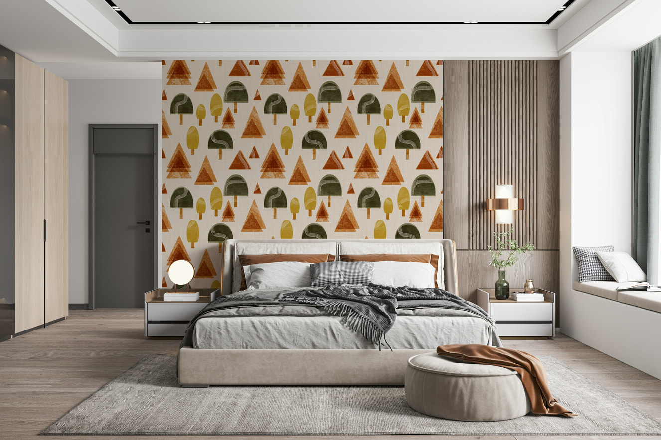 A beautiful retro woodland wallpaper mural with mid-century modern trees.

