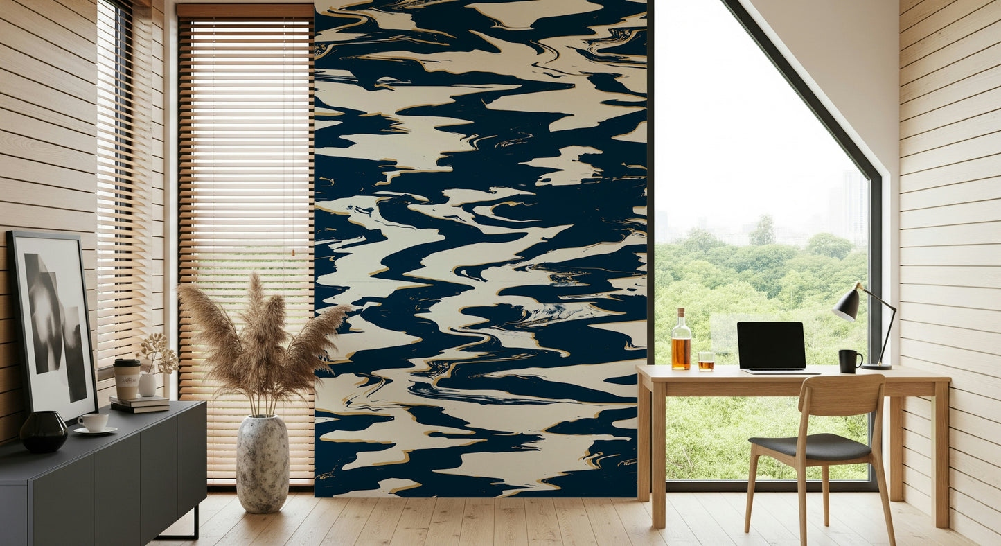 A graceful abstract motion wall mural in cool, tranquil tones.

