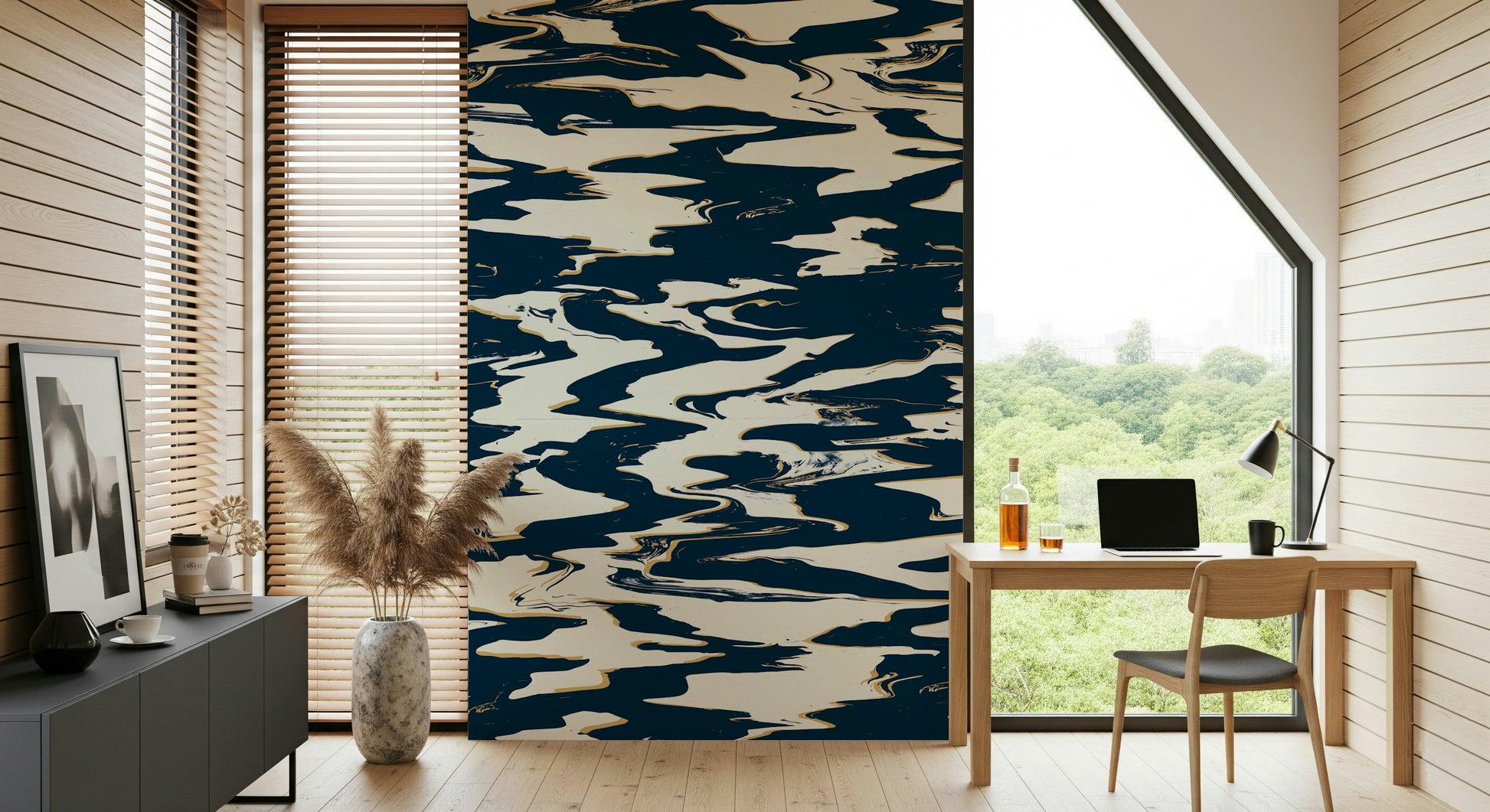 A graceful abstract motion wall mural in cool, tranquil tones.

