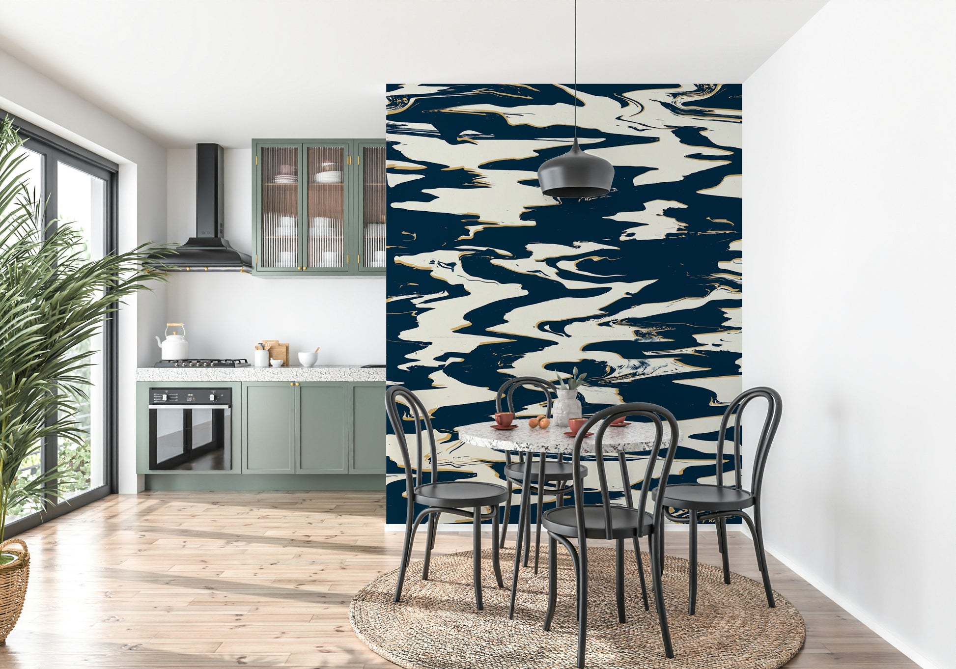An artistic watercolor blend mural on minimalist wallpaper.

