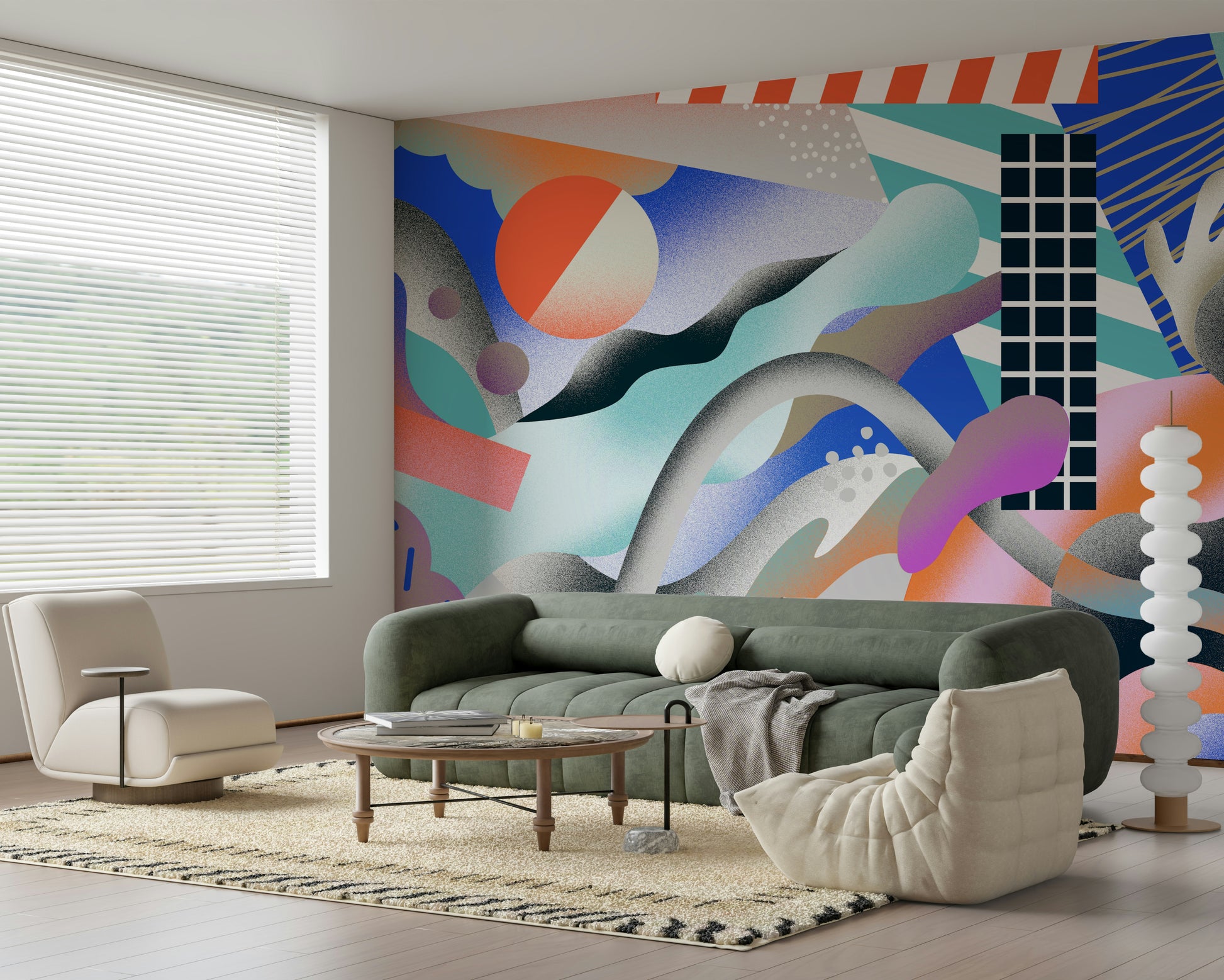 A graceful subtle abstract wall mural in cool, natural tones.

