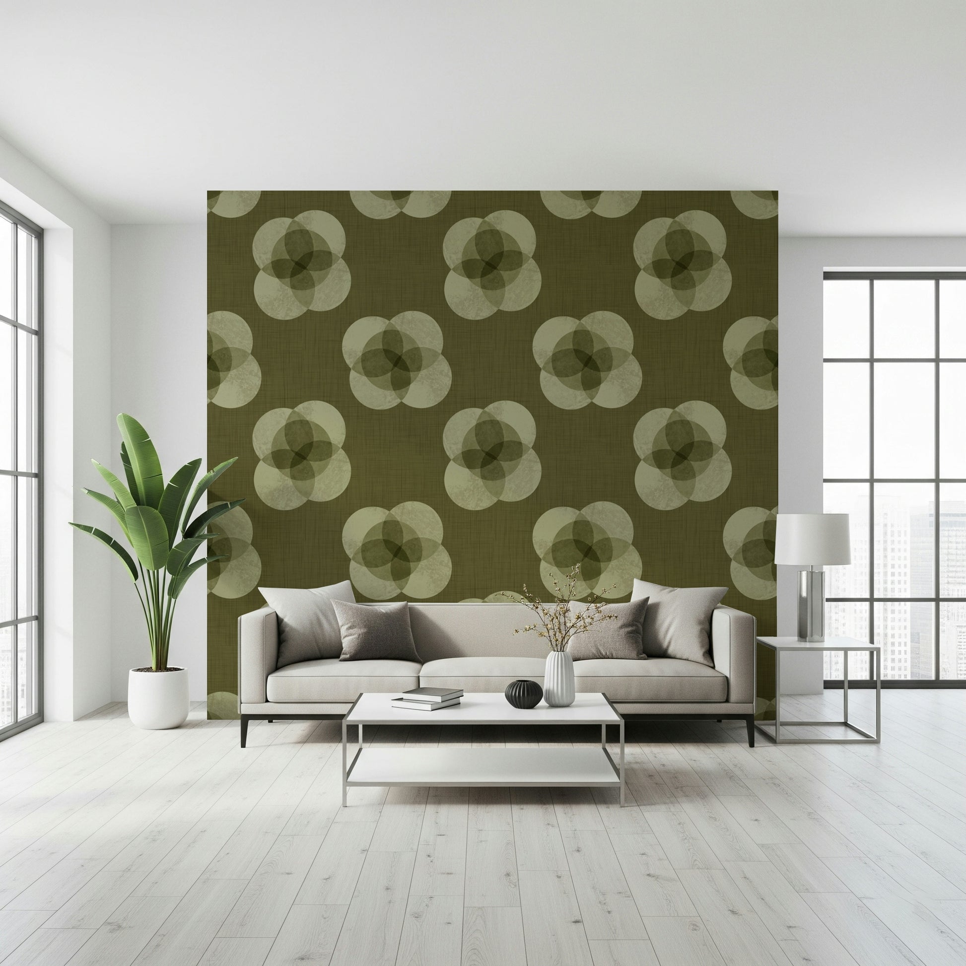 A graceful subtle bloom wall mural in cool, olive tones.