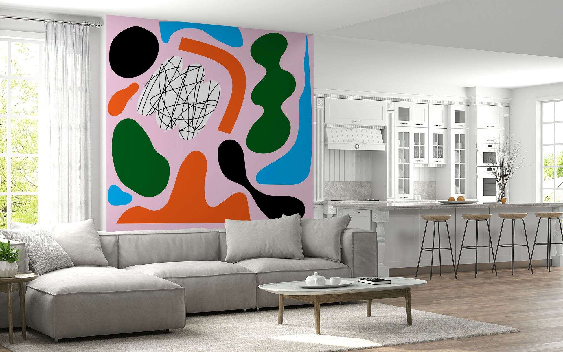 An artistic soft focus mural on minimalist wallpaper.