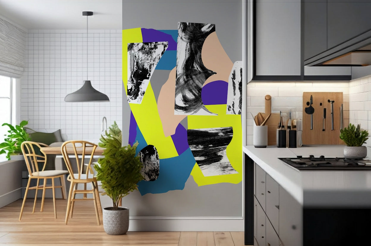 An artistic lightning pattern mural on minimalist wallpaper.