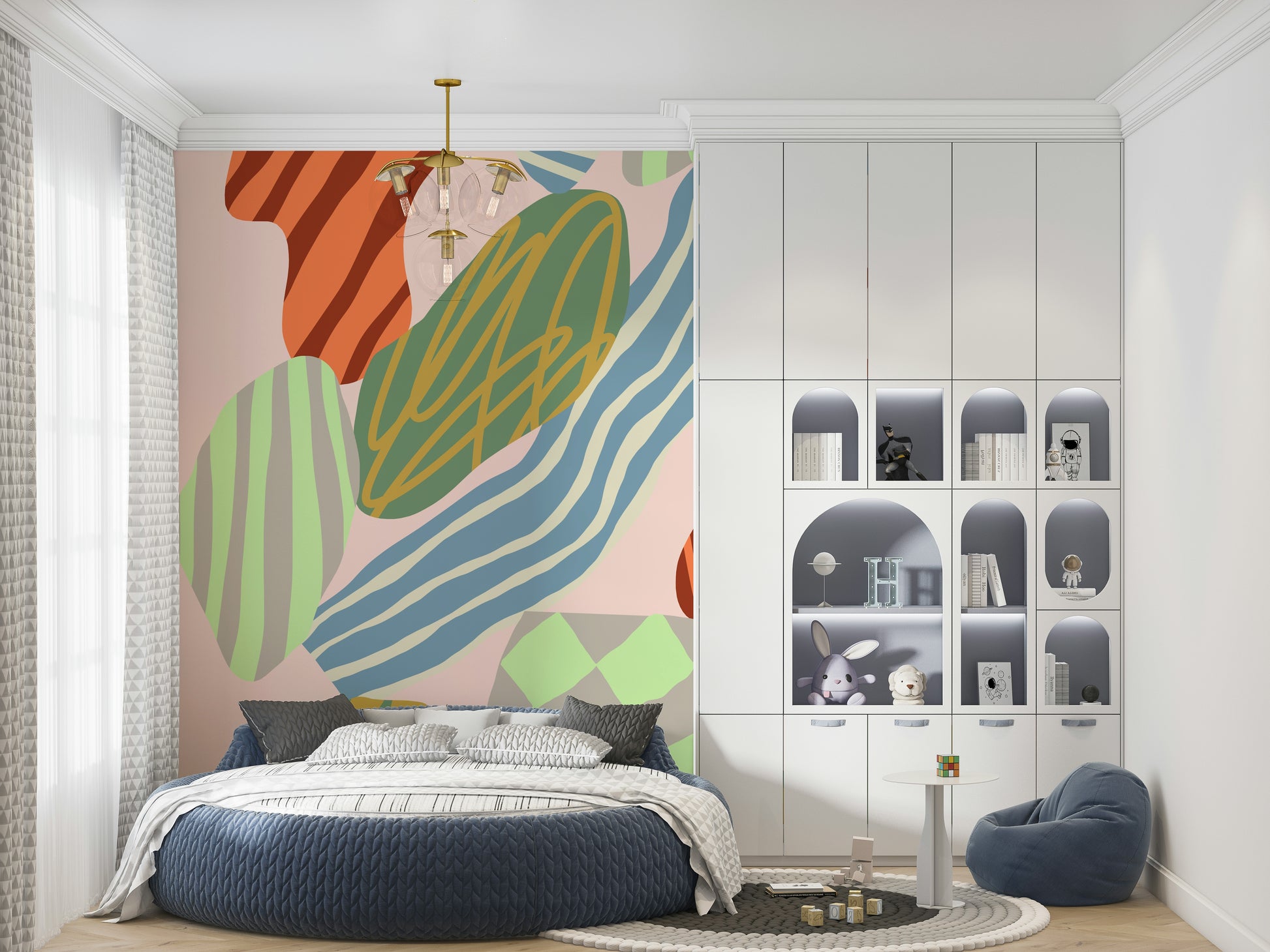 An artistic abstract pattern mural on minimalist wallpaper.