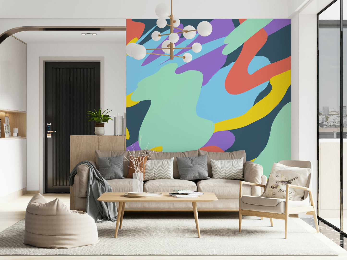 A calming celestial design wallpaper mural that defines a space.