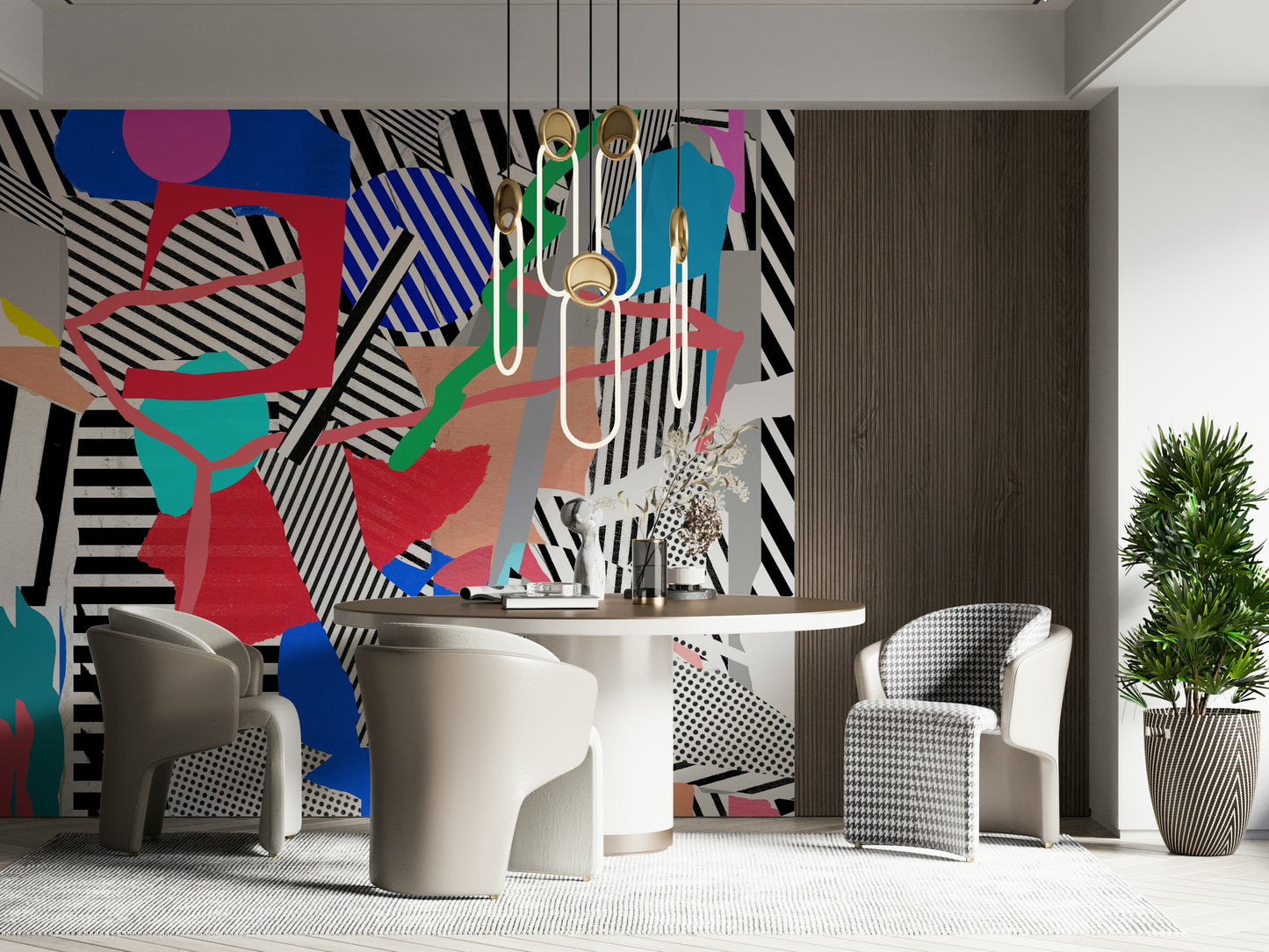 A peaceful modern abstract mural on decorative wallpaper.