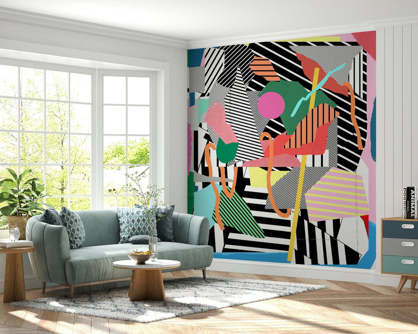 A peaceful modern abstract mural on decorative wallpaper.