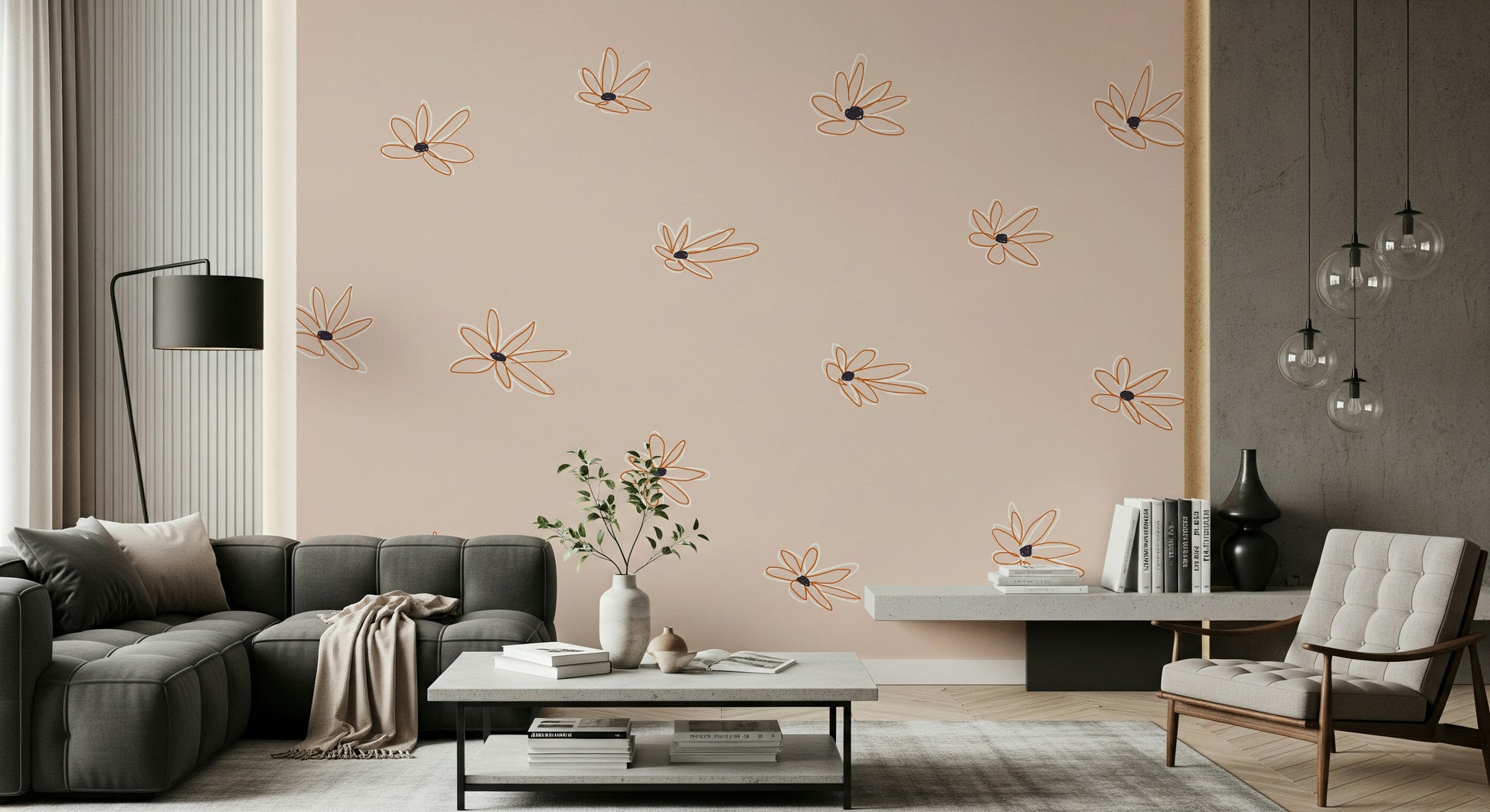 A beautiful modern art wall mural of delicate flowers.