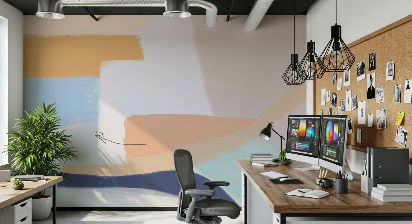 An artistic abstract shape mural on minimalist wallpaper.