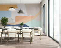 A peaceful geometric abstract mural on decorative wallpaper.