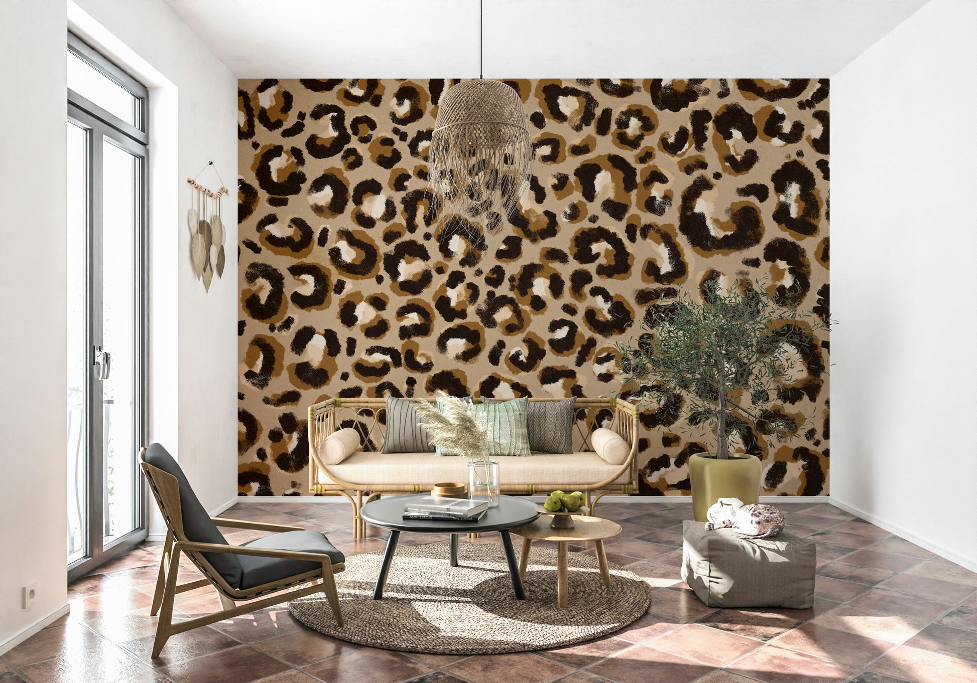 An artistic textured leopard mural on minimalist wallpaper.