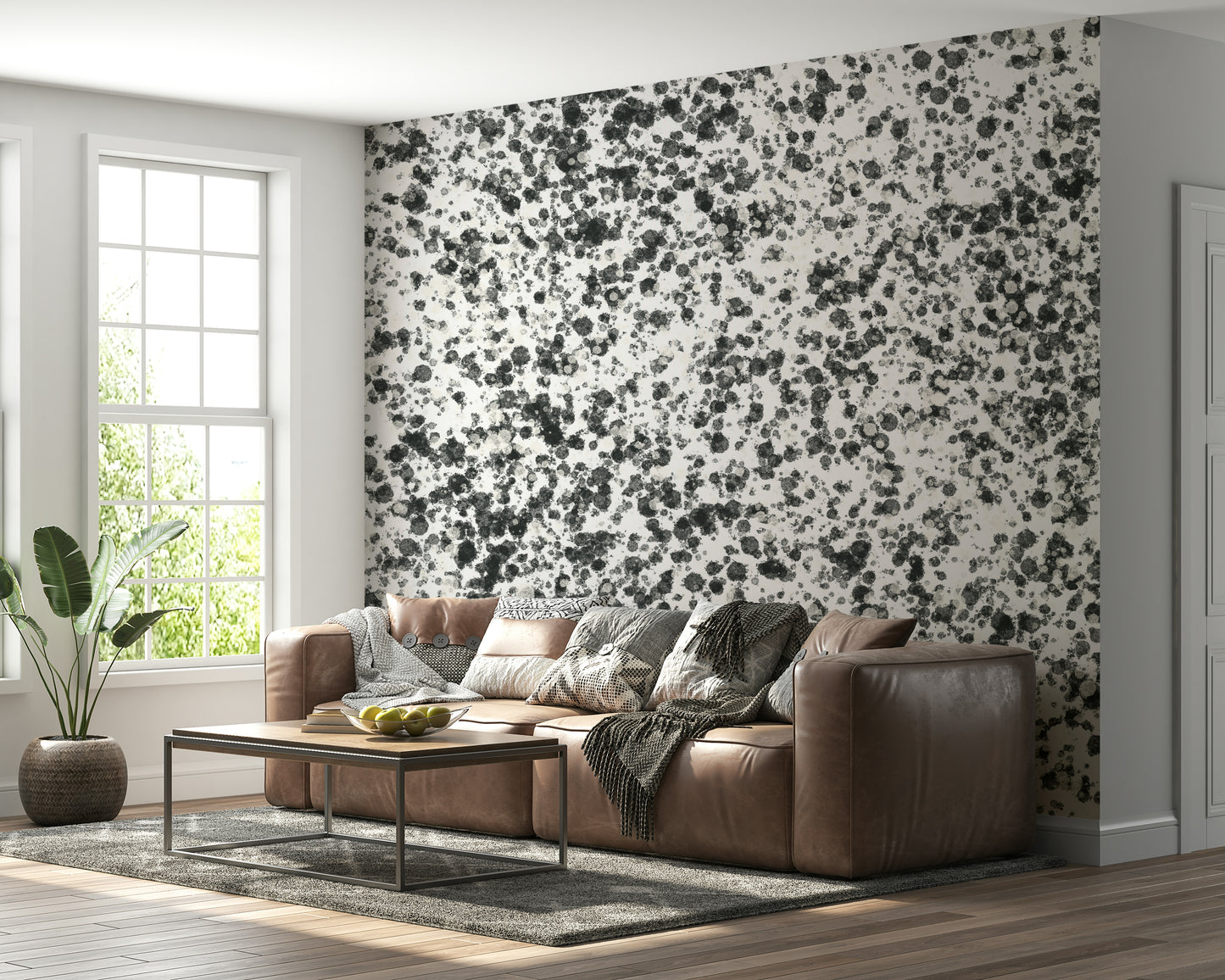 An artistic expressive ink mural on minimalist wallpaper.