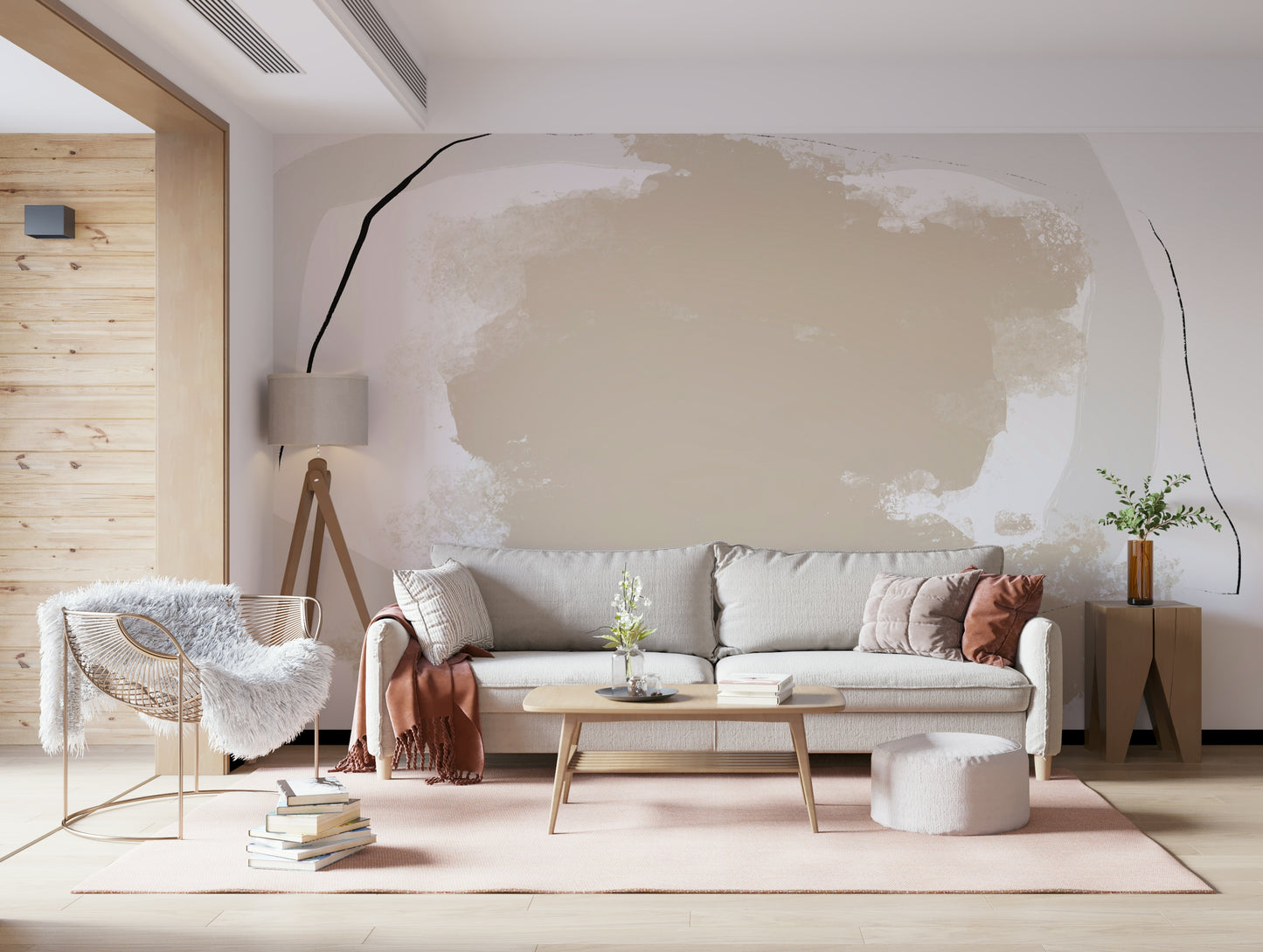 A graceful modern abstract wall mural in terracotta and beige tones.