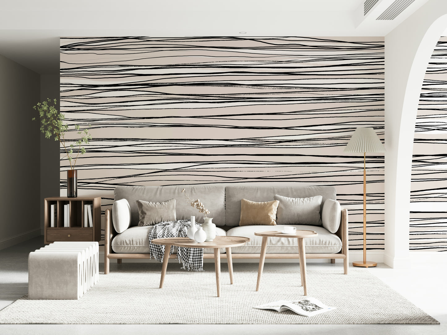 A graceful subtle line wall mural in cool, neutral tones.