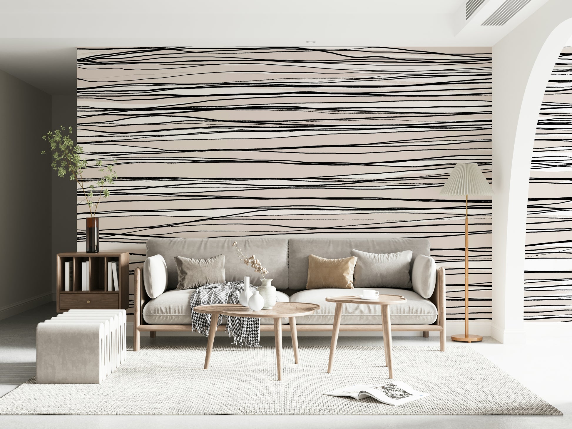 A graceful subtle line wall mural in cool, neutral tones.