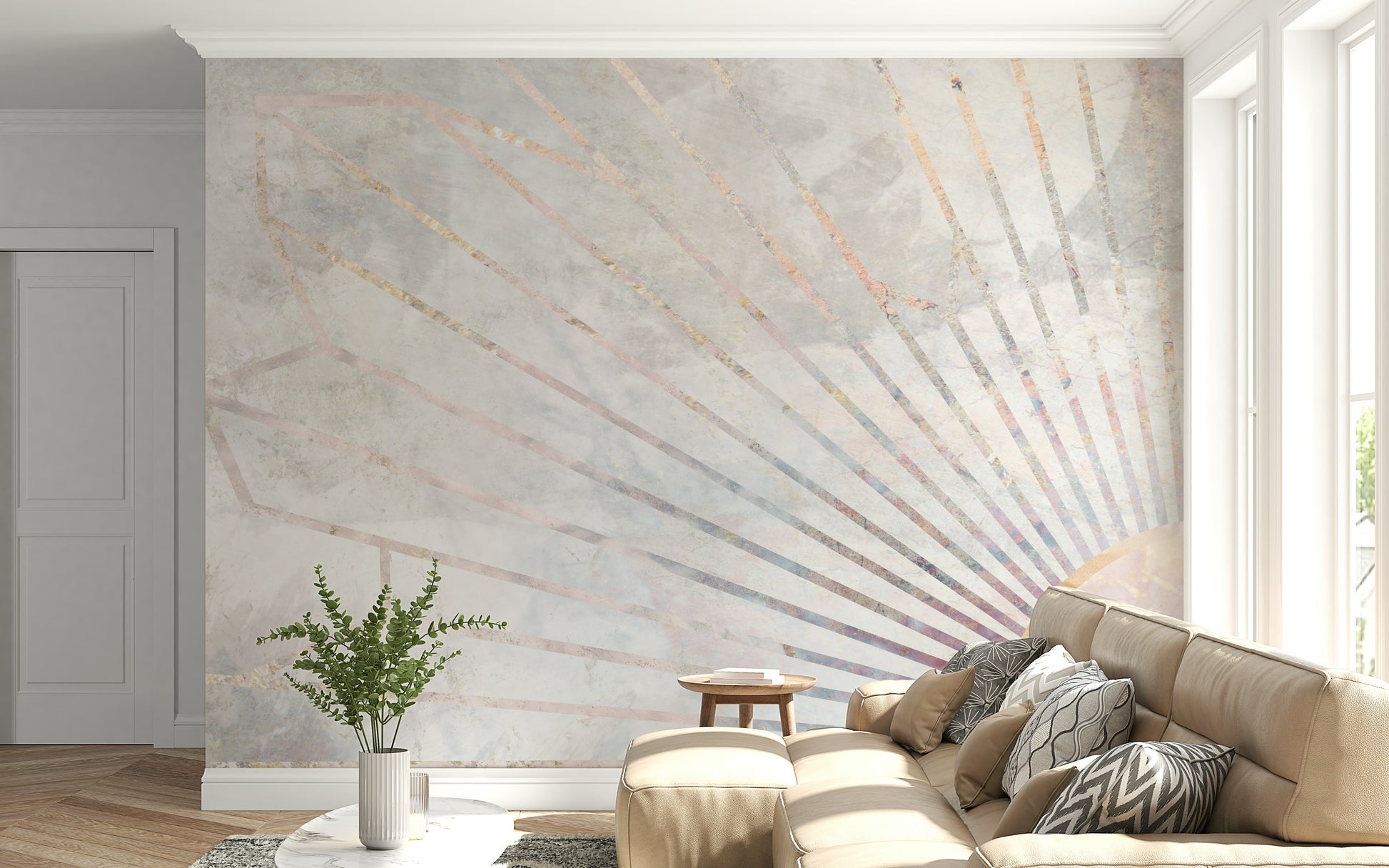 A calming modern pattern wallpaper mural that defines a space.