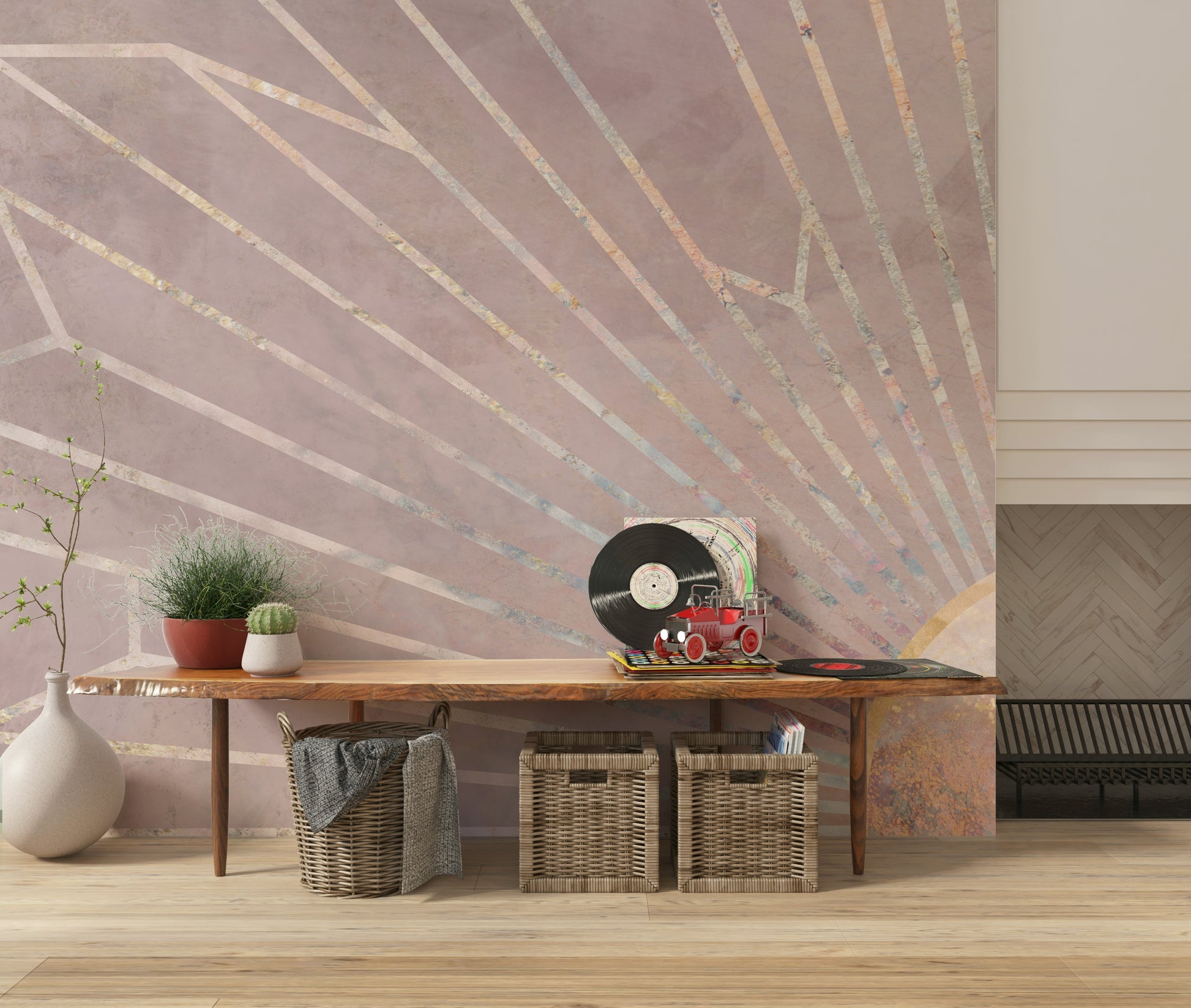 A peaceful geometric design mural on decorative wallpaper.
