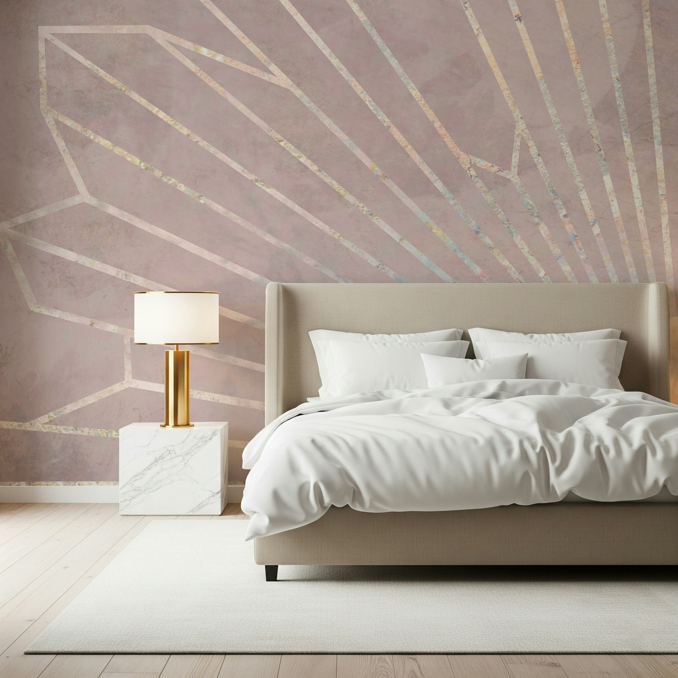 A beautiful geometric pattern wallpaper mural in blush pink and white.
