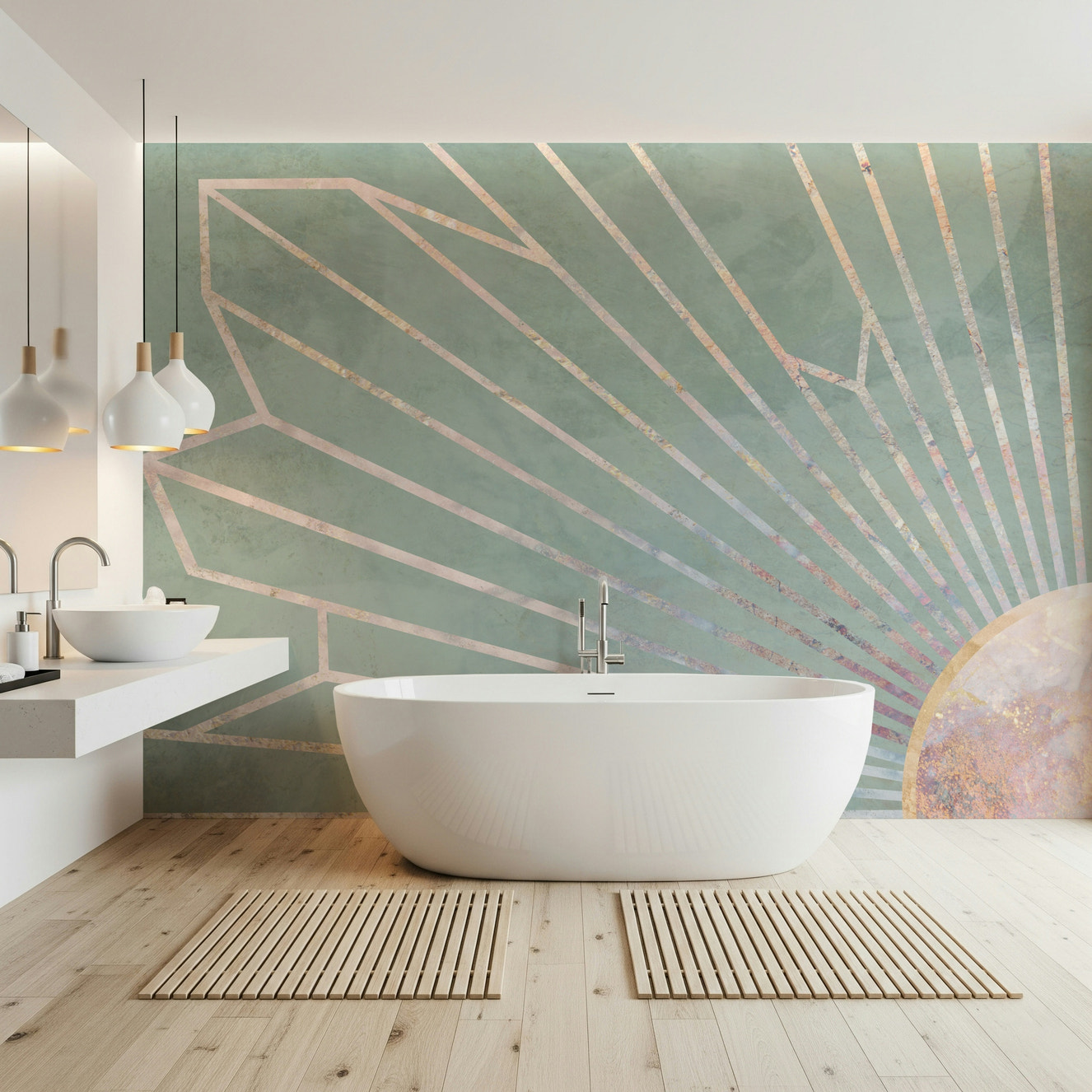 A beautiful soft geometric wallpaper mural with sunrise colors.