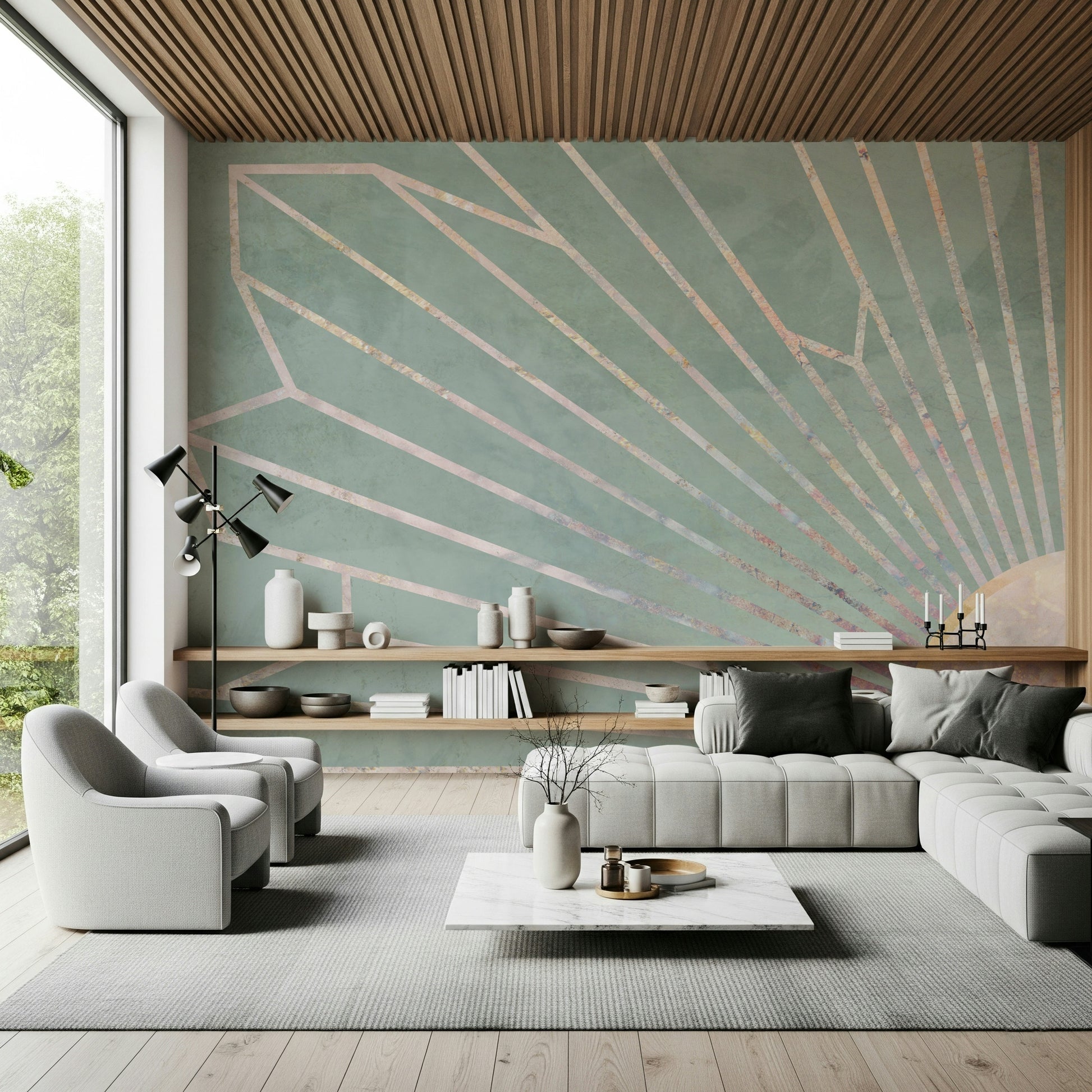 An artistic subtle geometric mural on minimalist wallpaper.