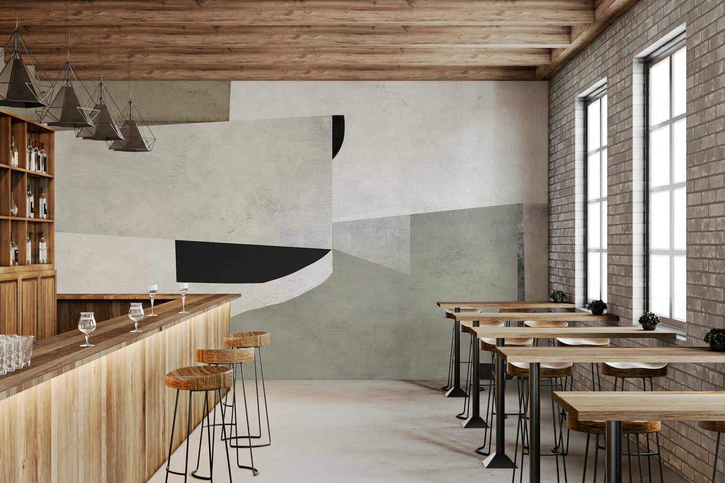 A peaceful geometric design mural on decorative wallpaper.