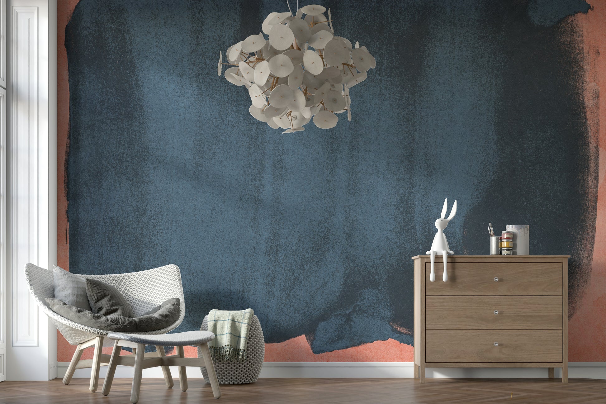A contemplative gentle wash wallpaper mural for a feature wall.
