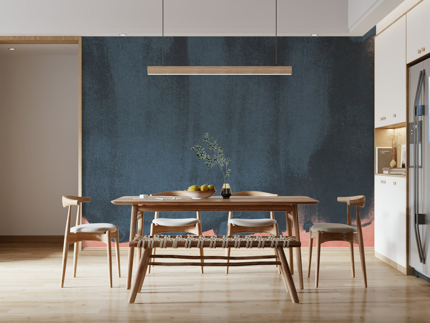 A calming abstract design wallpaper mural that defines a space.