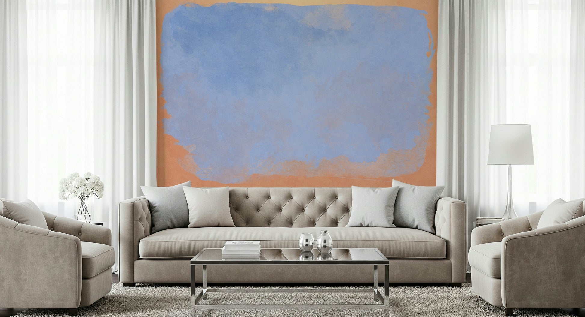 A peaceful modern abstract mural on decorative wallpaper.