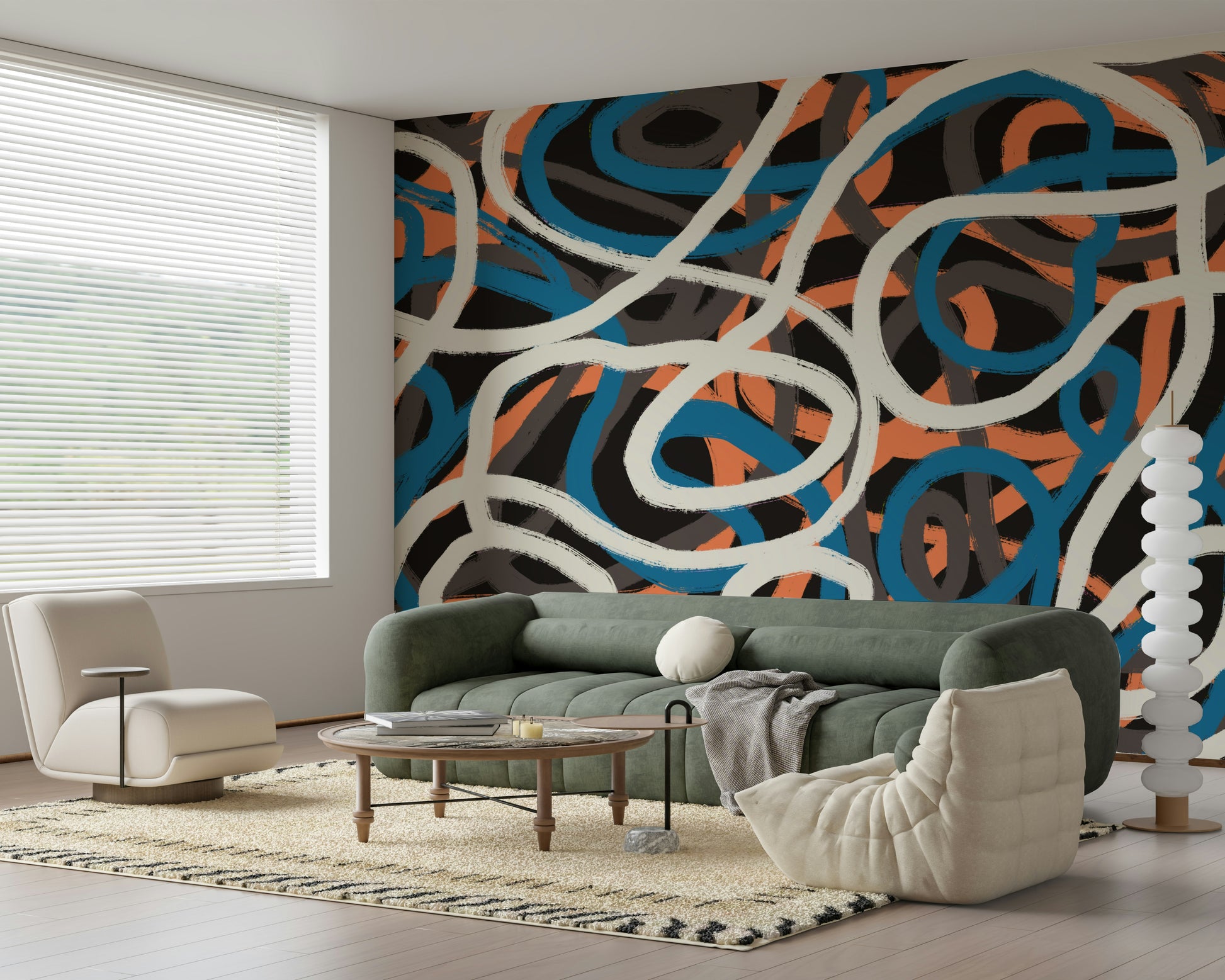 A peaceful modern abstract mural on decorative wallpaper.
