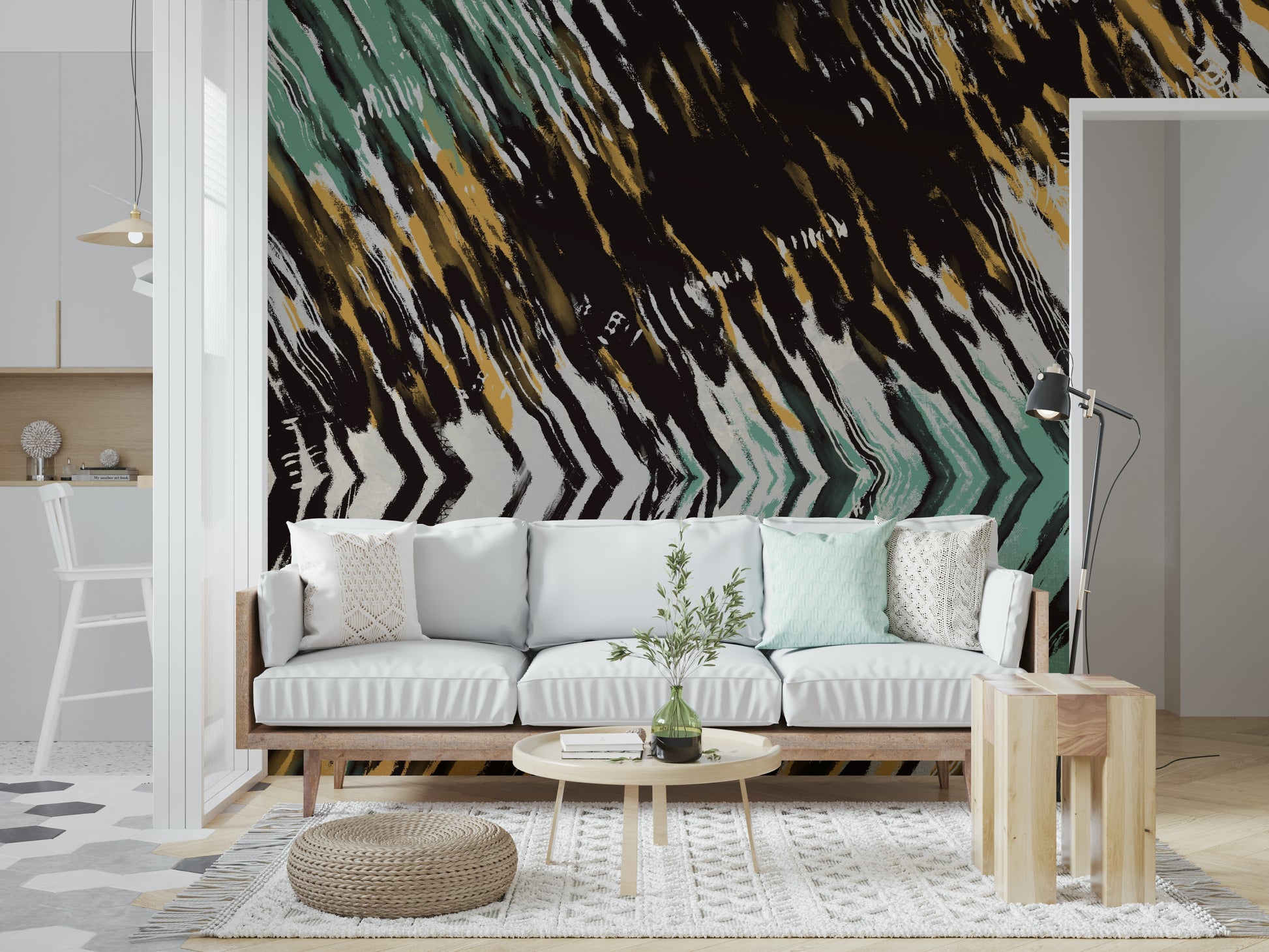 An artistic minimalist form mural for home decor.