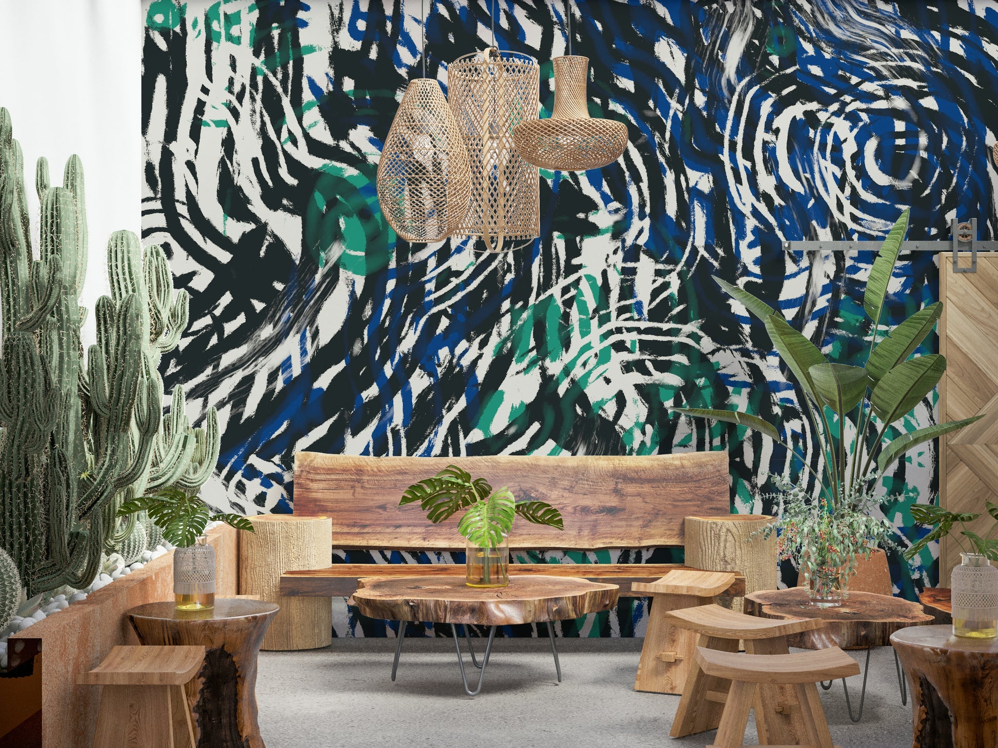 A peaceful modern abstract mural on decorative wallpaper.