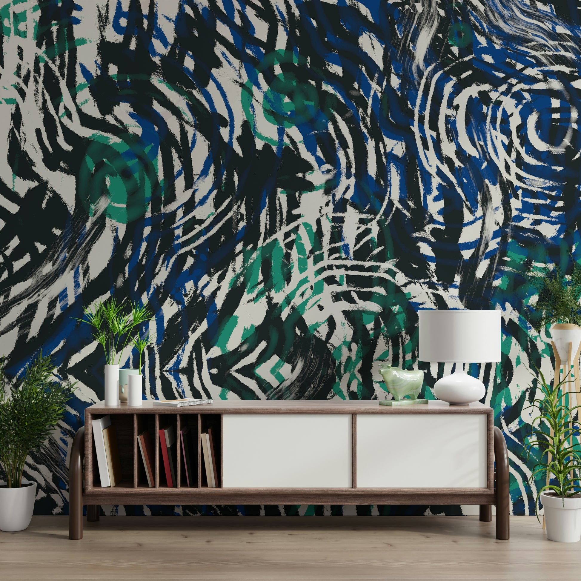 A serene fluid pattern wall mural for contemplative decor.