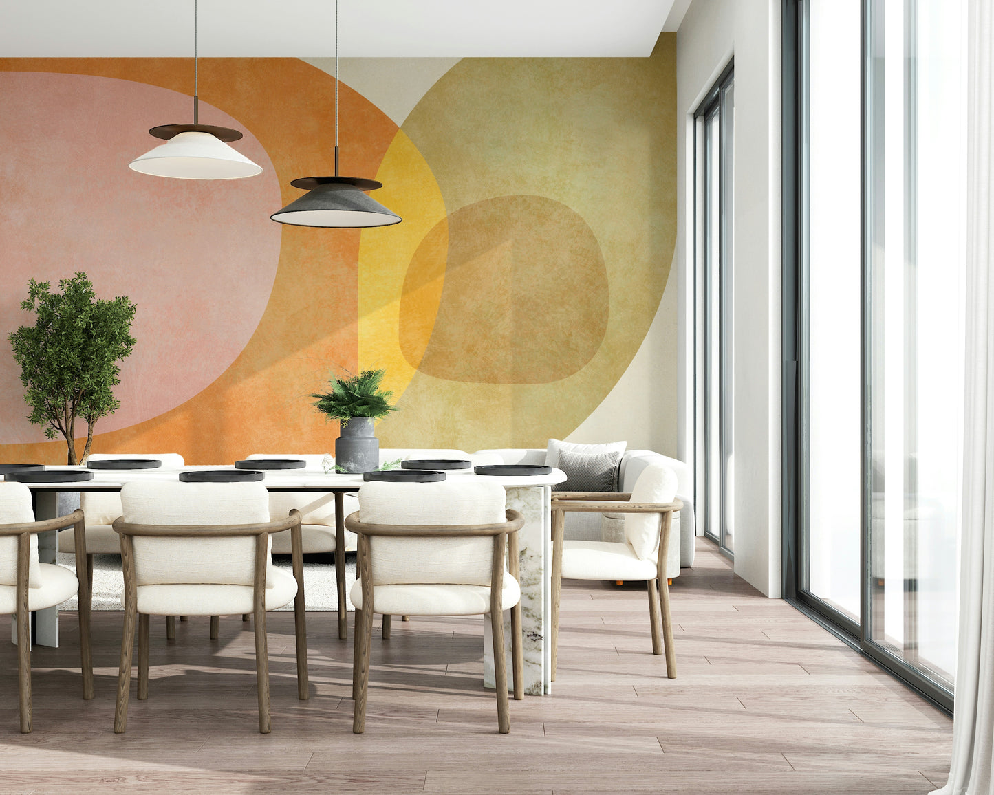A calming abstract design wallpaper mural that defines a space.