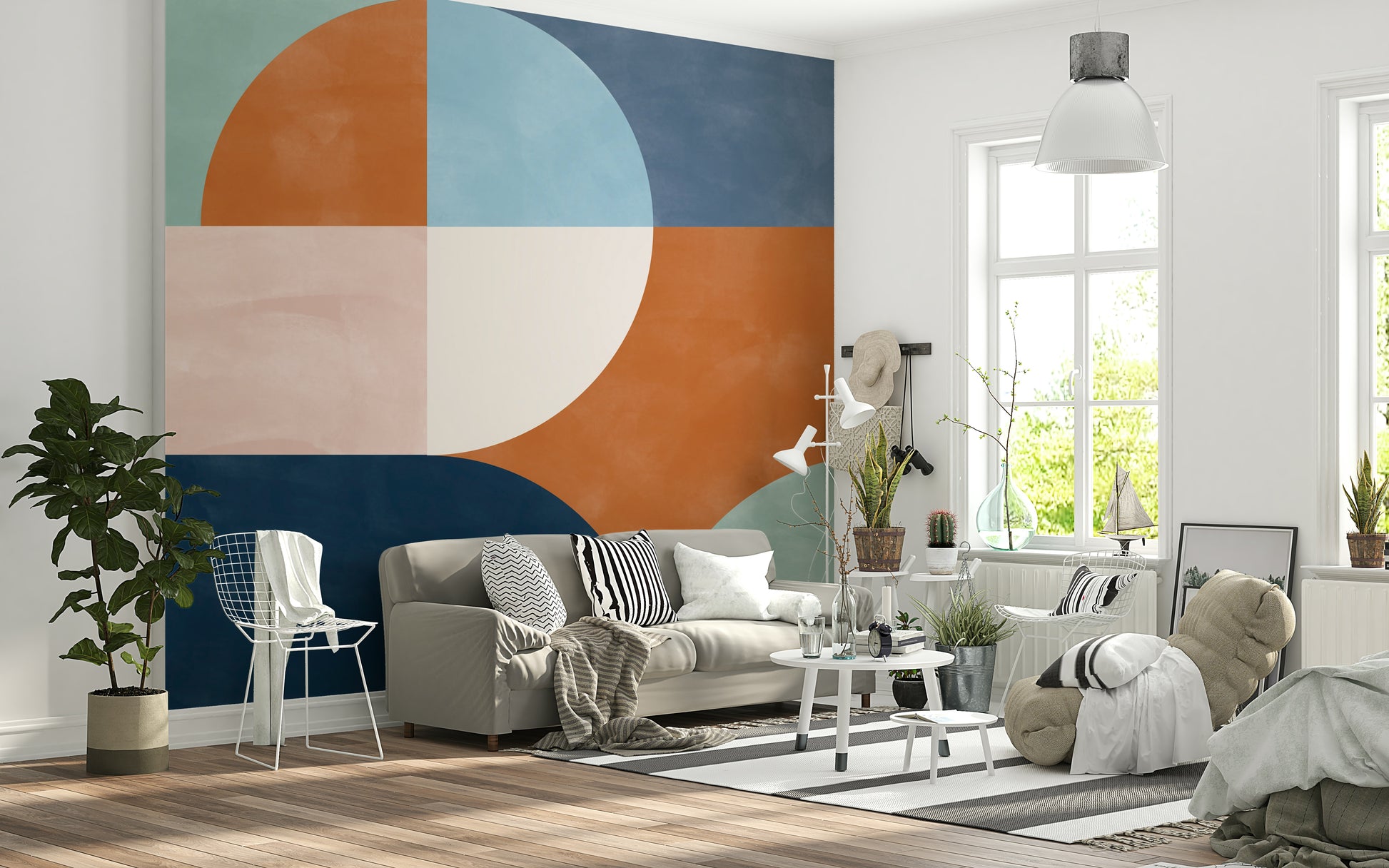 A calming abstract design wallpaper mural that defines a space.