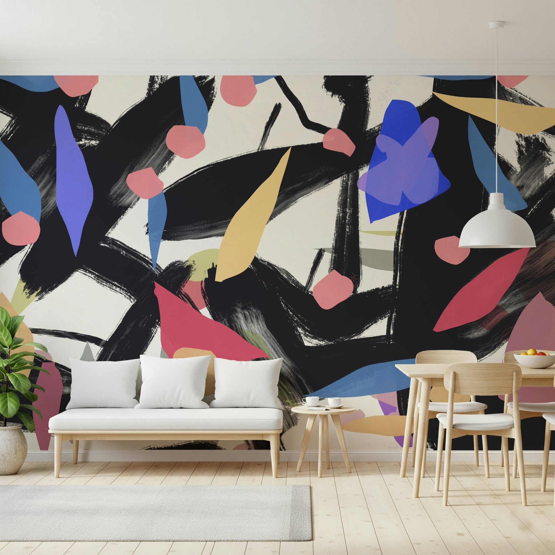 A peaceful modern abstract mural on decorative wallpaper.